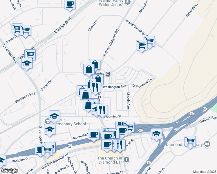 map of restaurants, bars, coffee shops, grocery stores, and more near 21062 Washington Avenue in Diamond Bar