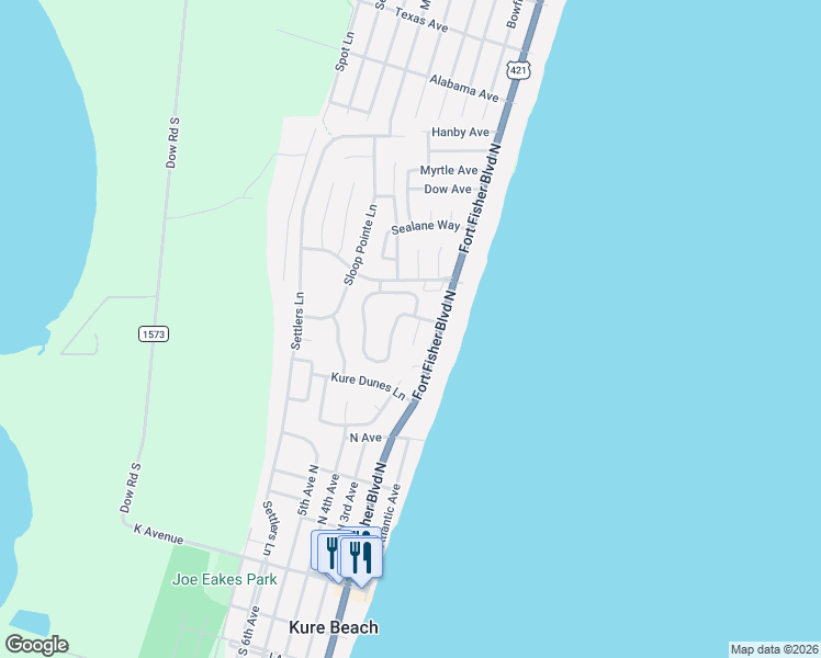 map of restaurants, bars, coffee shops, grocery stores, and more near 521 Seahorse Pl in Kure Beach
