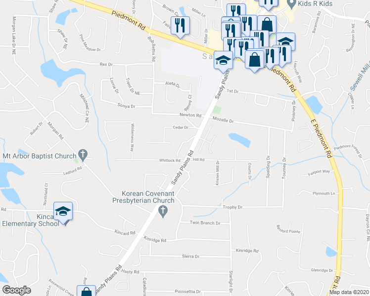 map of restaurants, bars, coffee shops, grocery stores, and more near 2286 Sandy Oaks Drive in Marietta