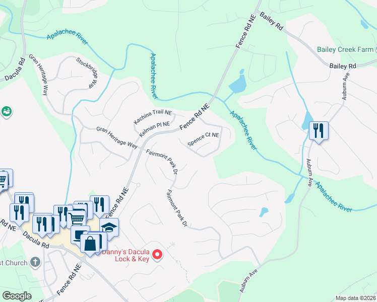 map of restaurants, bars, coffee shops, grocery stores, and more near 2683 Austin Ridge Drive Northeast in Dacula