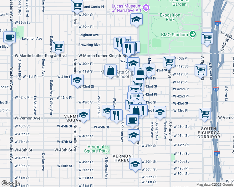 map of restaurants, bars, coffee shops, grocery stores, and more near 4226 Walton Ave in Los Angeles