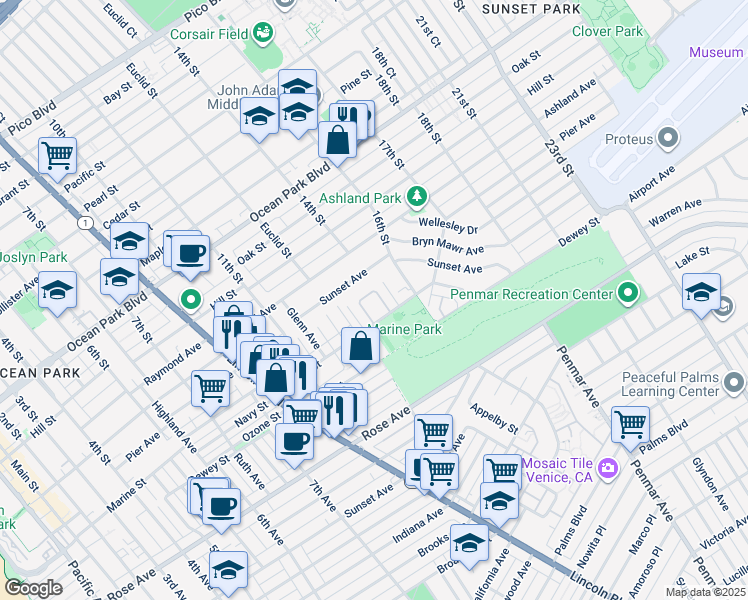 map of restaurants, bars, coffee shops, grocery stores, and more near 3032 Linda Lane in Santa Monica