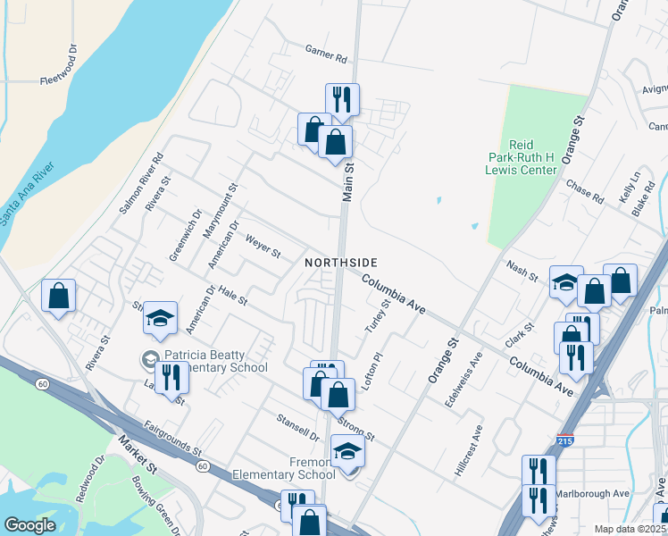 map of restaurants, bars, coffee shops, grocery stores, and more near 3802 Foxtrot Street in Riverside