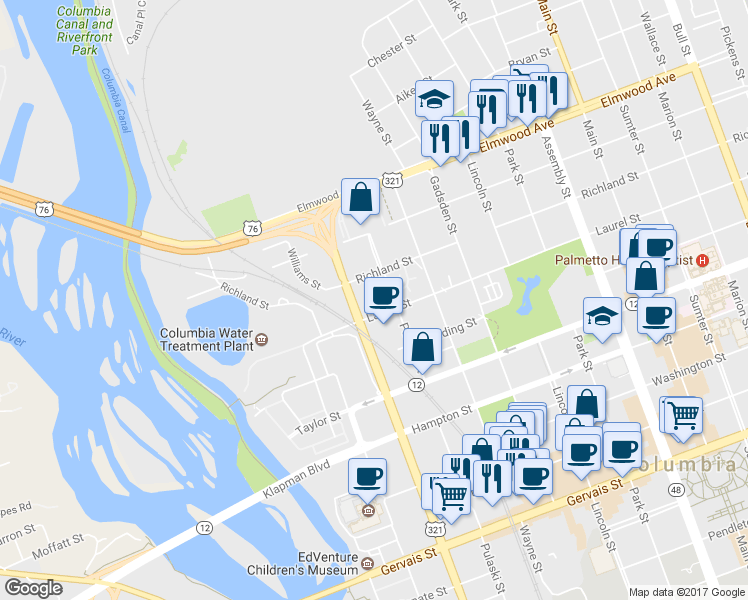 map of restaurants, bars, coffee shops, grocery stores, and more near 119 Arsenal Academy Place in Columbia