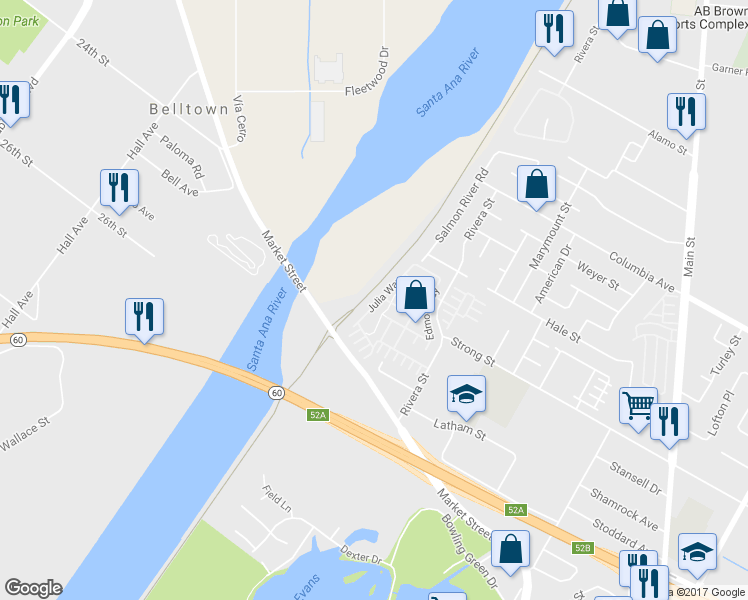 map of restaurants, bars, coffee shops, grocery stores, and more near 1725 Julia Way in Riverside