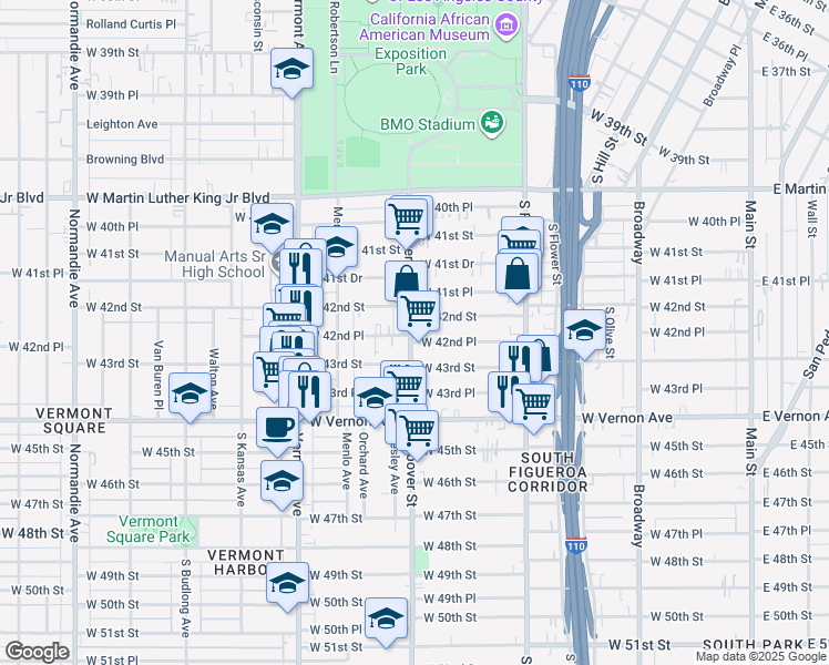 map of restaurants, bars, coffee shops, grocery stores, and more near 4216 South Hoover Street in Los Angeles