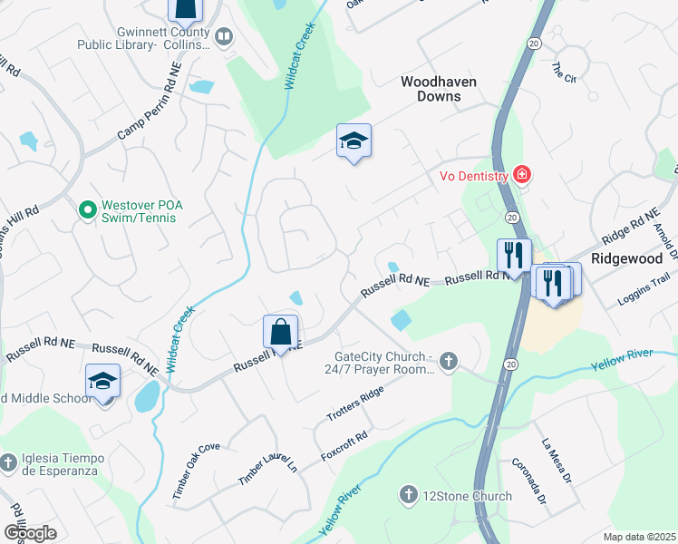 map of restaurants, bars, coffee shops, grocery stores, and more near 1650 Calvin Davis Circle in Lawrenceville