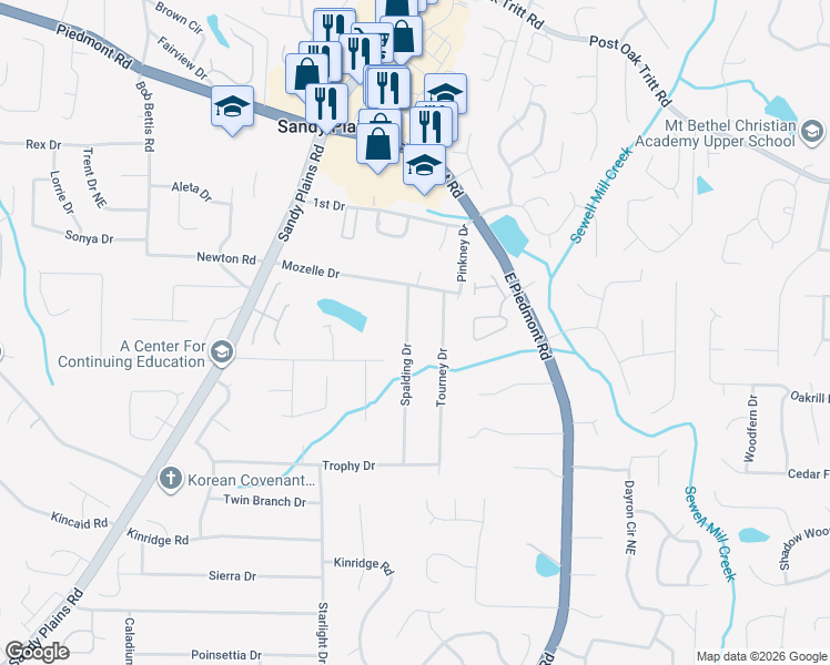 map of restaurants, bars, coffee shops, grocery stores, and more near 2240 Spalding Drive in Marietta