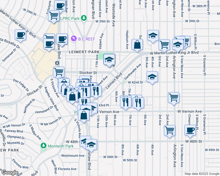 map of restaurants, bars, coffee shops, grocery stores, and more near 4264 Leimert Boulevard in Los Angeles