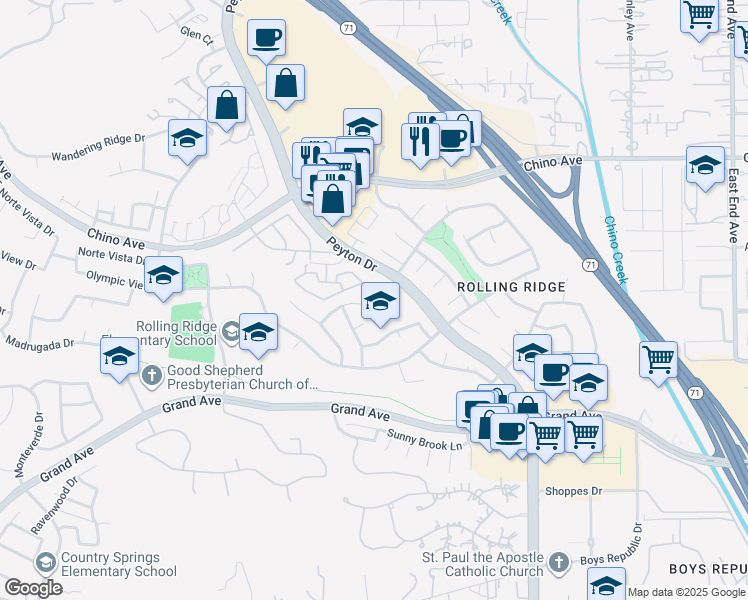 map of restaurants, bars, coffee shops, grocery stores, and more near 2972 Steeple Chase Drive in Chino Hills