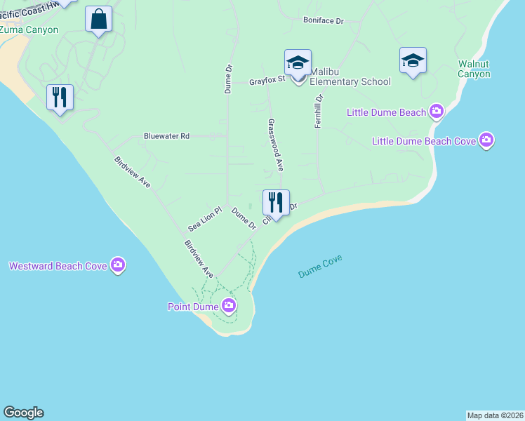 map of restaurants, bars, coffee shops, grocery stores, and more near 29135 Cliffside Drive in Malibu