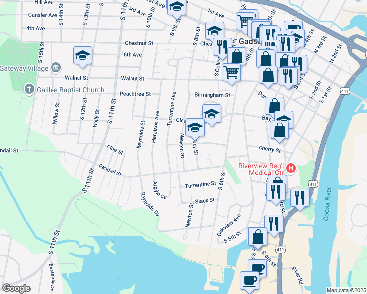 map of restaurants, bars, coffee shops, grocery stores, and more near 810 Park Avenue in Gadsden