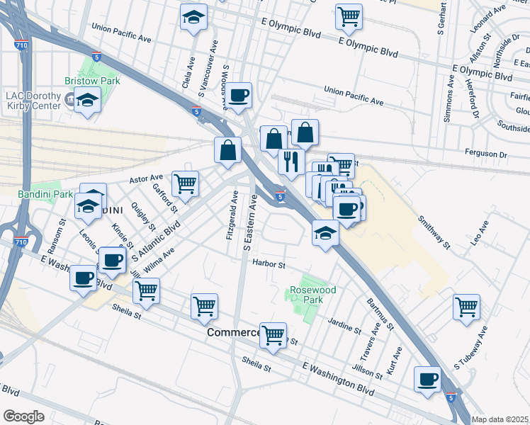 map of restaurants, bars, coffee shops, grocery stores, and more near 5480 East Village Drive in Commerce
