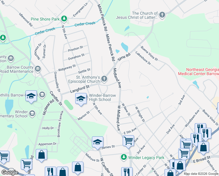 map of restaurants, bars, coffee shops, grocery stores, and more near 122 Langford Street in Winder