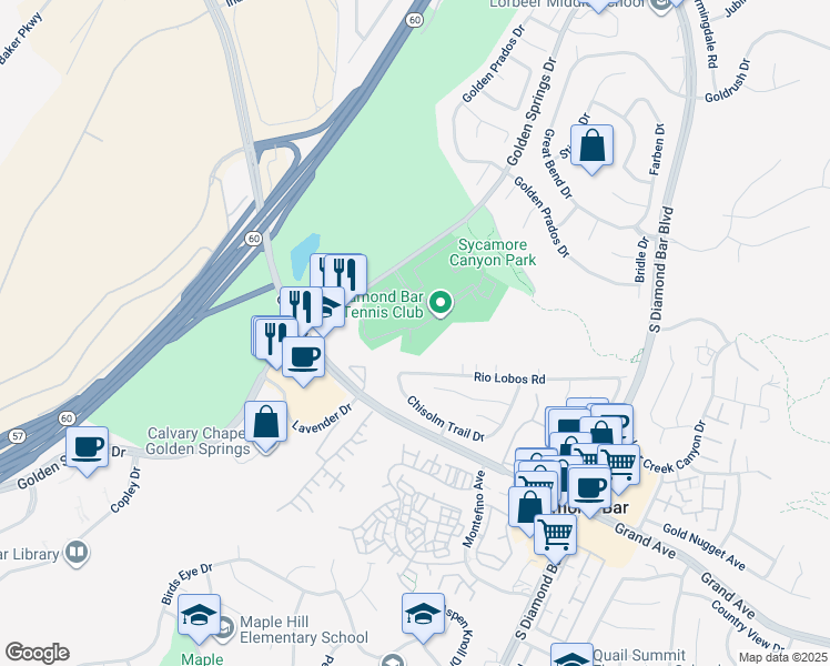 map of restaurants, bars, coffee shops, grocery stores, and more near 22790 Lakeway Drive in Diamond Bar