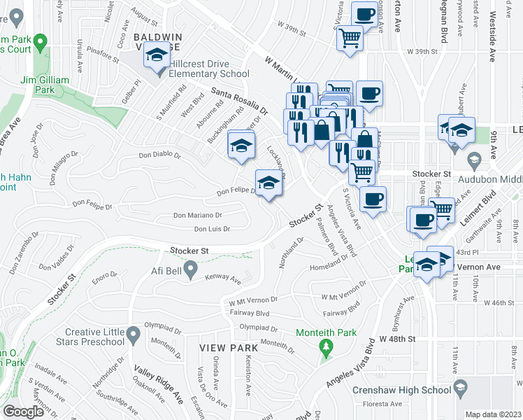 map of restaurants, bars, coffee shops, grocery stores, and more near 3829 Don Tomaso Drive in Los Angeles