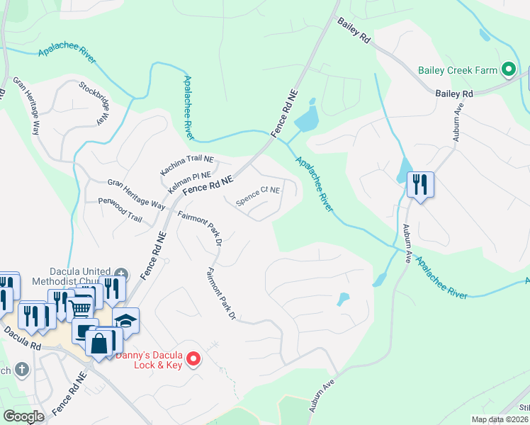 map of restaurants, bars, coffee shops, grocery stores, and more near 2760 Austin Ridge Drive Northeast in Dacula