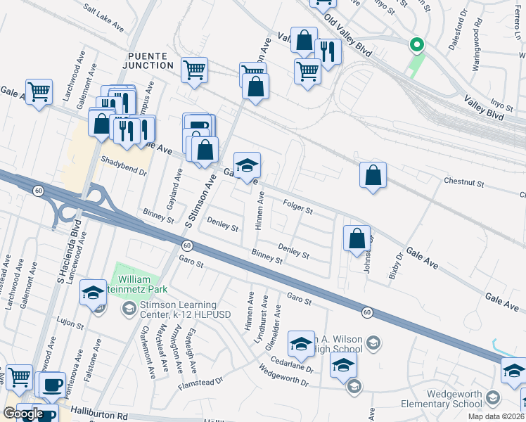 map of restaurants, bars, coffee shops, grocery stores, and more near 1212 Hinnen Avenue in Hacienda Heights