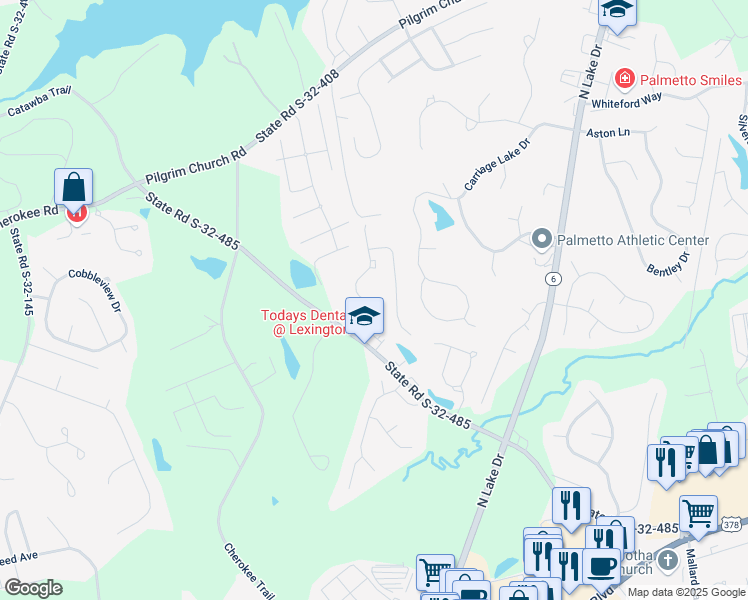 map of restaurants, bars, coffee shops, grocery stores, and more near 208 Cherokee Pond Trail in Lexington