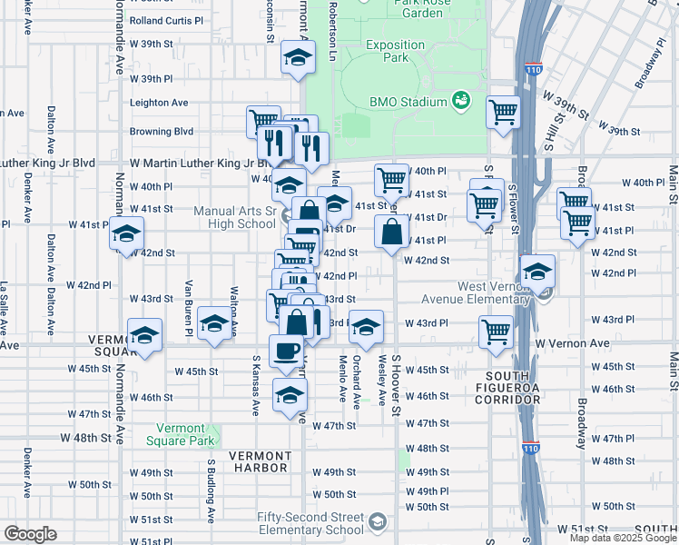 map of restaurants, bars, coffee shops, grocery stores, and more near 4222 Menlo Avenue in Los Angeles