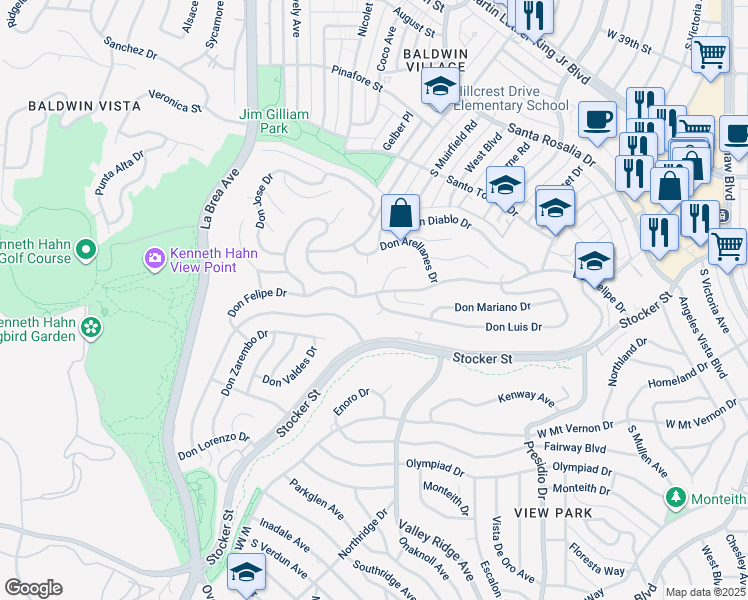 map of restaurants, bars, coffee shops, grocery stores, and more near 4300 Don Felipe Drive in Los Angeles