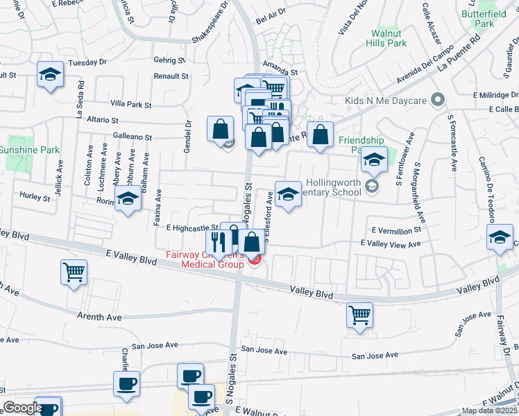 map of restaurants, bars, coffee shops, grocery stores, and more near 3932 South Hackley Avenue in West Covina
