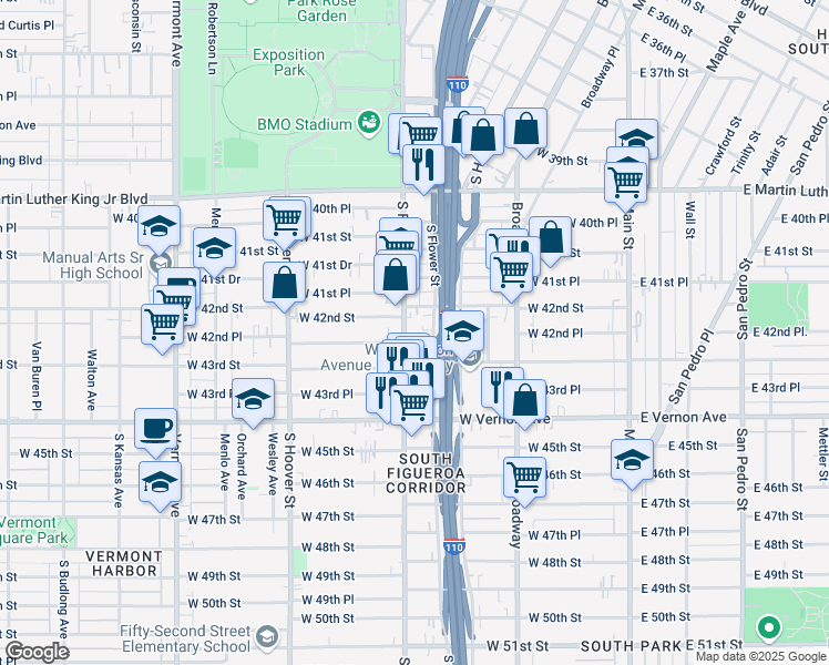 map of restaurants, bars, coffee shops, grocery stores, and more near 4226 South Figueroa Street in Los Angeles