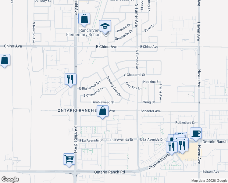 map of restaurants, bars, coffee shops, grocery stores, and more near 3676 Burning Tree Drive in Ontario