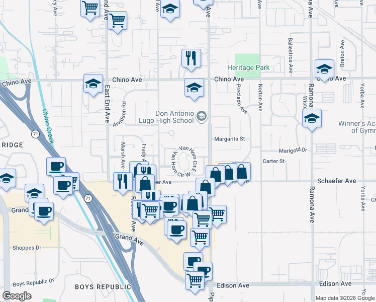 map of restaurants, bars, coffee shops, grocery stores, and more near 13576 Van Horn Circle East in Chino