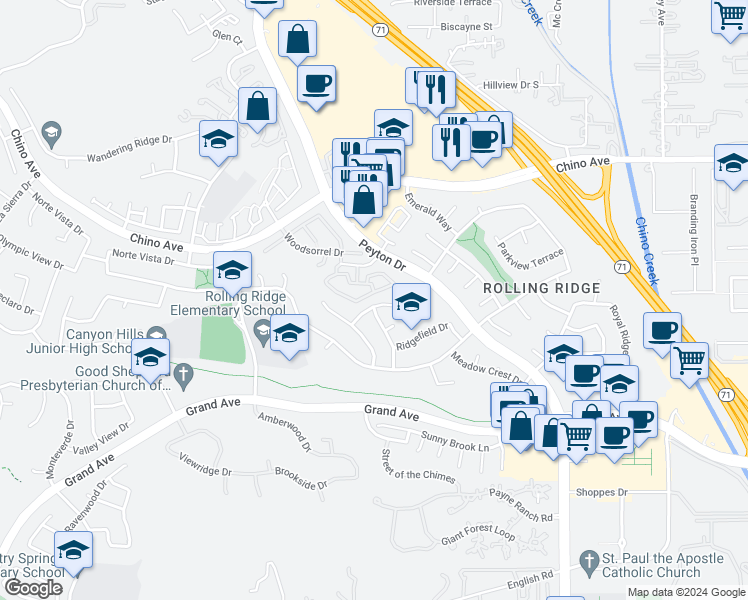 map of restaurants, bars, coffee shops, grocery stores, and more near 2908 Steeple Chase Drive in Chino Hills