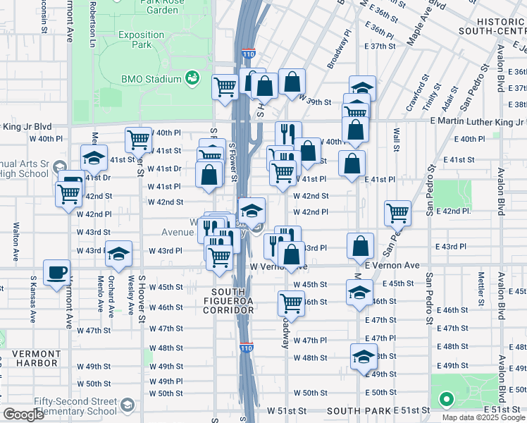 map of restaurants, bars, coffee shops, grocery stores, and more near 4231 South Olive Street in Los Angeles