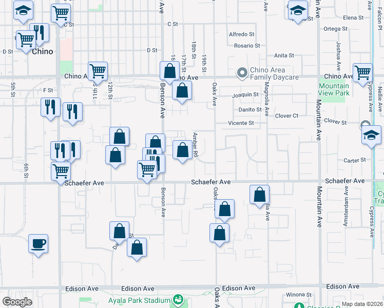 map of restaurants, bars, coffee shops, grocery stores, and more near 13576 Amber Road in Chino