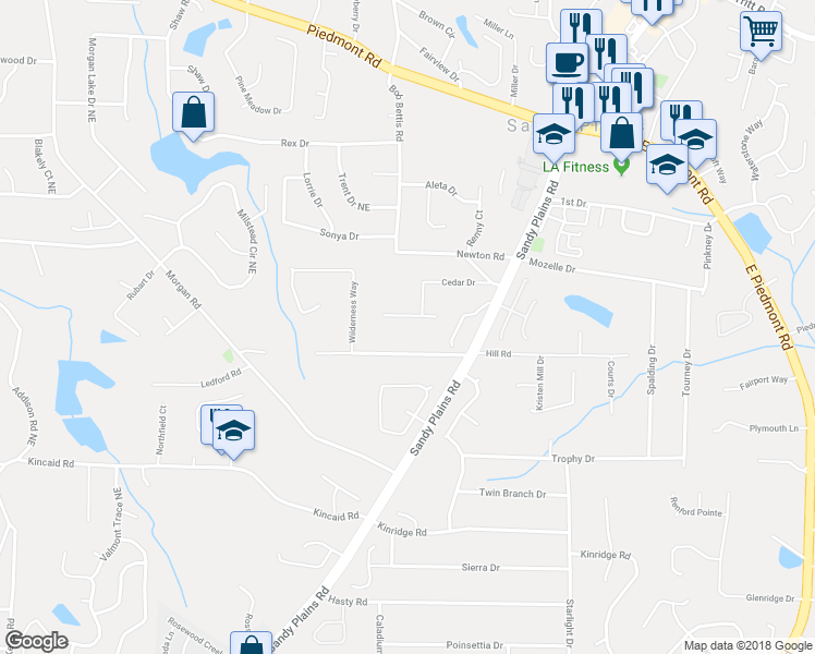 map of restaurants, bars, coffee shops, grocery stores, and more near 1690 Cedar Grove Drive in Marietta