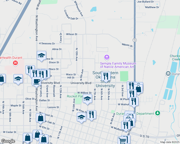 map of restaurants, bars, coffee shops, grocery stores, and more near 1424 North 8th Avenue in Durant