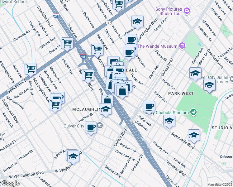 map of restaurants, bars, coffee shops, grocery stores, and more near 11208 Washington Boulevard in Culver City