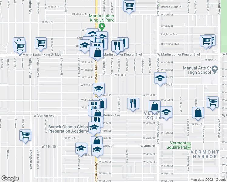 map of restaurants, bars, coffee shops, grocery stores, and more near 4224 South Harvard Boulevard in Los Angeles
