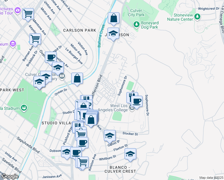 map of restaurants, bars, coffee shops, grocery stores, and more near 4836 Hollow Corner Road in Culver City