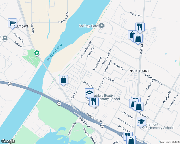 map of restaurants, bars, coffee shops, grocery stores, and more near 4396 Hale Street in Riverside