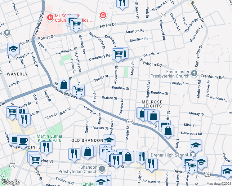 map of restaurants, bars, coffee shops, grocery stores, and more near 1210 Woodrow Street in Columbia