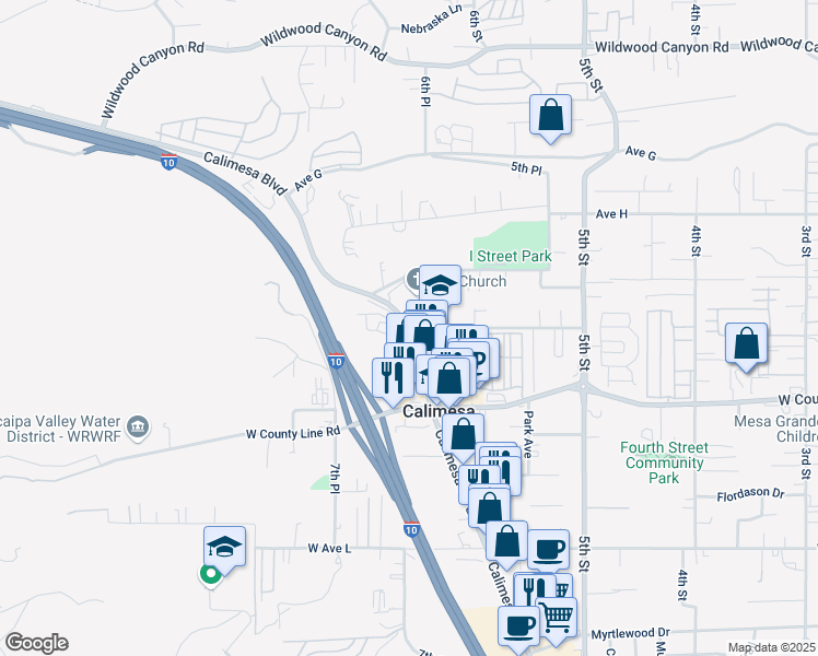 map of restaurants, bars, coffee shops, grocery stores, and more near 32021 Avenue J in Yucaipa