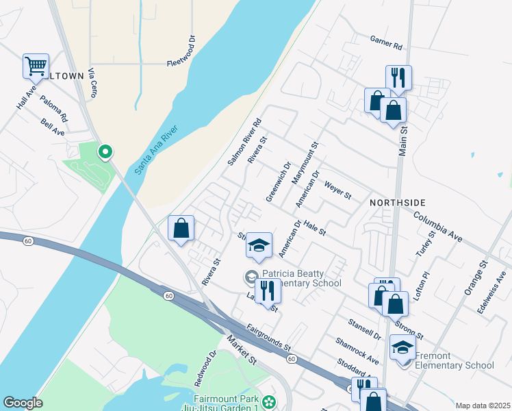 map of restaurants, bars, coffee shops, grocery stores, and more near 4473 Bigem Court in Riverside