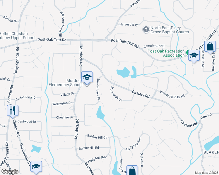 map of restaurants, bars, coffee shops, grocery stores, and more near 3158 Normandy Circle in Marietta