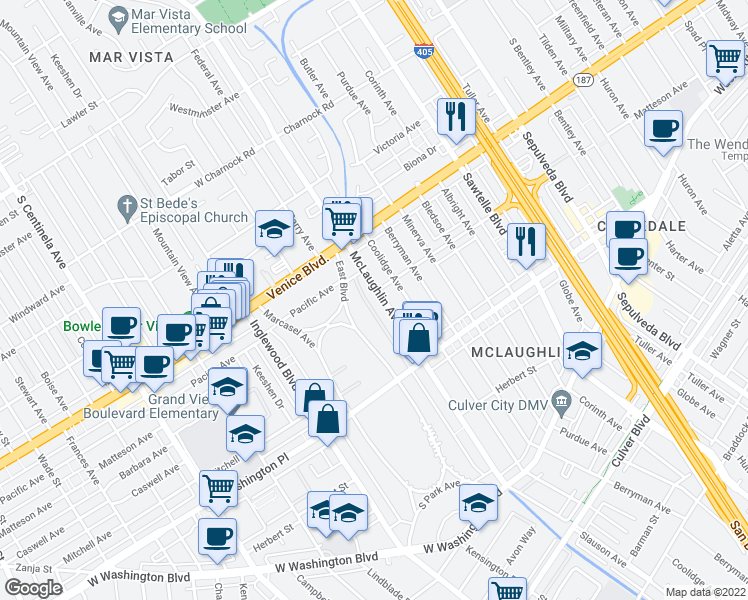 map of restaurants, bars, coffee shops, grocery stores, and more near 3907 McLaughlin Avenue in Los Angeles