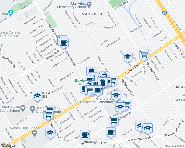 map of restaurants, bars, coffee shops, grocery stores, and more near 3702 Ocean View Avenue in Los Angeles