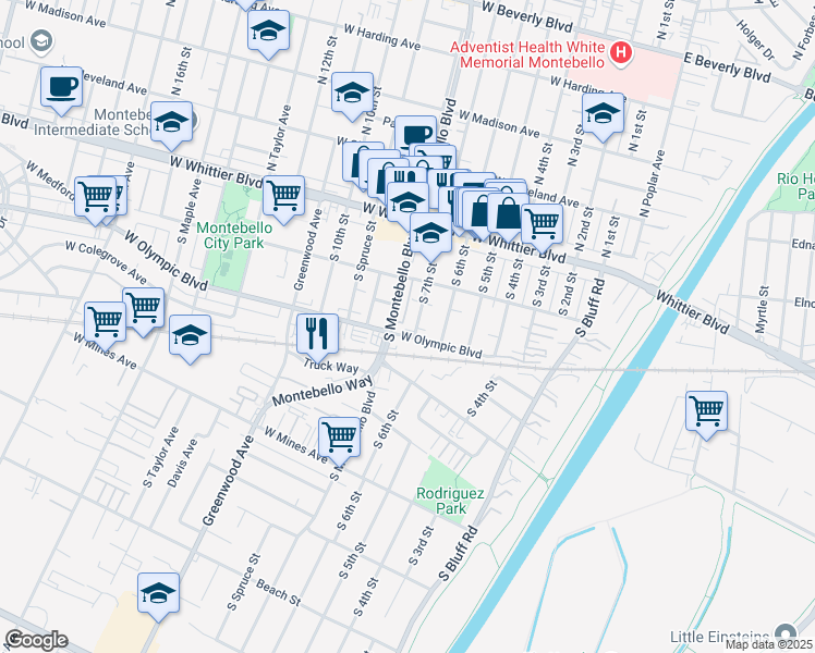 map of restaurants, bars, coffee shops, grocery stores, and more near 241 South 7th Street in Montebello