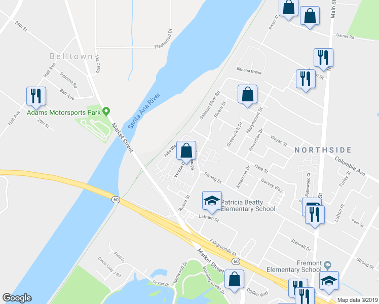 map of restaurants, bars, coffee shops, grocery stores, and more near 4547 Nicole Way in Riverside