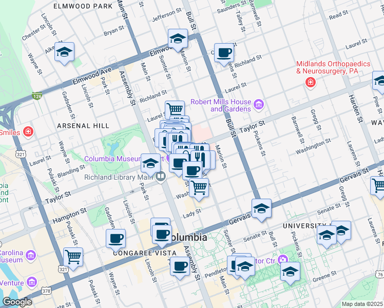 map of restaurants, bars, coffee shops, grocery stores, and more near 1220 Taylor Street in Columbia