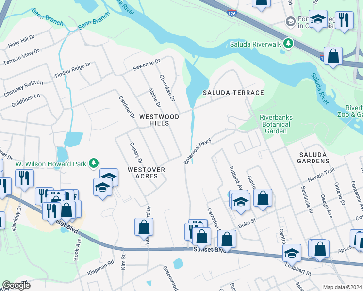 map of restaurants, bars, coffee shops, grocery stores, and more near 1308 Alpine Drive in West Columbia