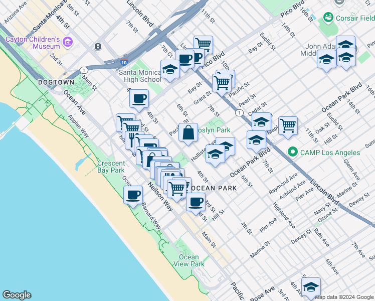 map of restaurants, bars, coffee shops, grocery stores, and more near 2311 4th Street in Santa Monica