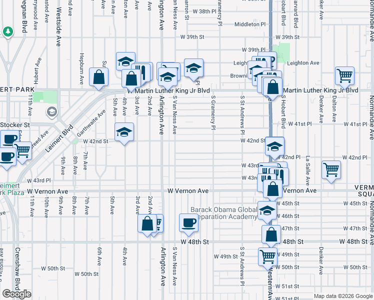 map of restaurants, bars, coffee shops, grocery stores, and more near 2015 West 42nd Place in Los Angeles